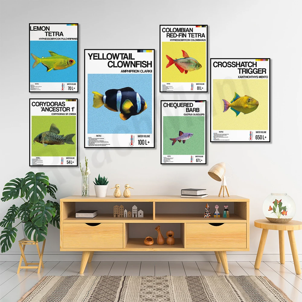 Acuario, pez payaso de cola amarilla, tetra de aleta roja colombiana, pez barbeque a cuadros, tetra de limón, pez Corydoras, poste de información de peces