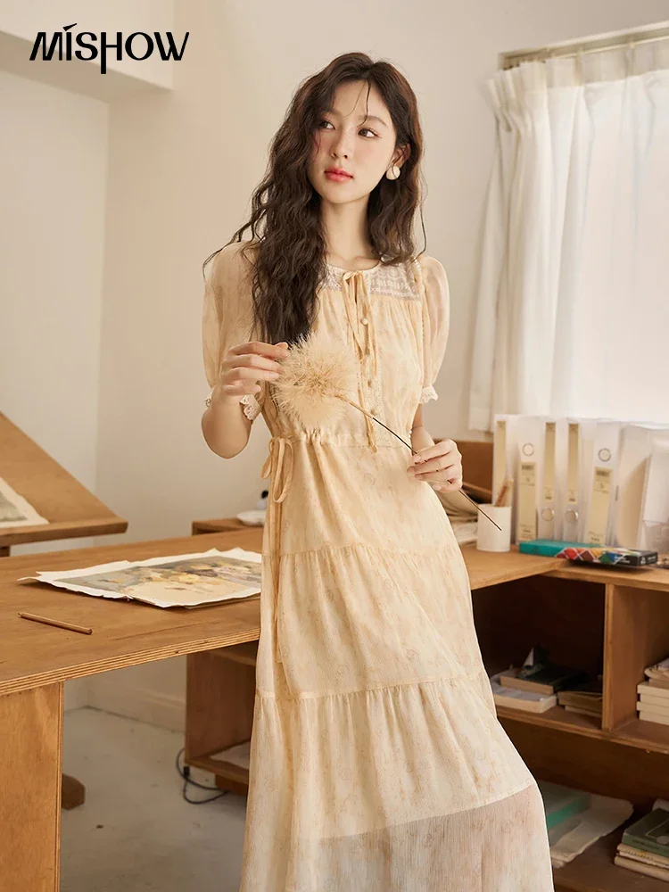 MISHOW French Temperament Long Dress for Women 2023 Summer Puff Sleeves Elegant O Neck Both Side Lace-up Waist Dress MXC38L1471