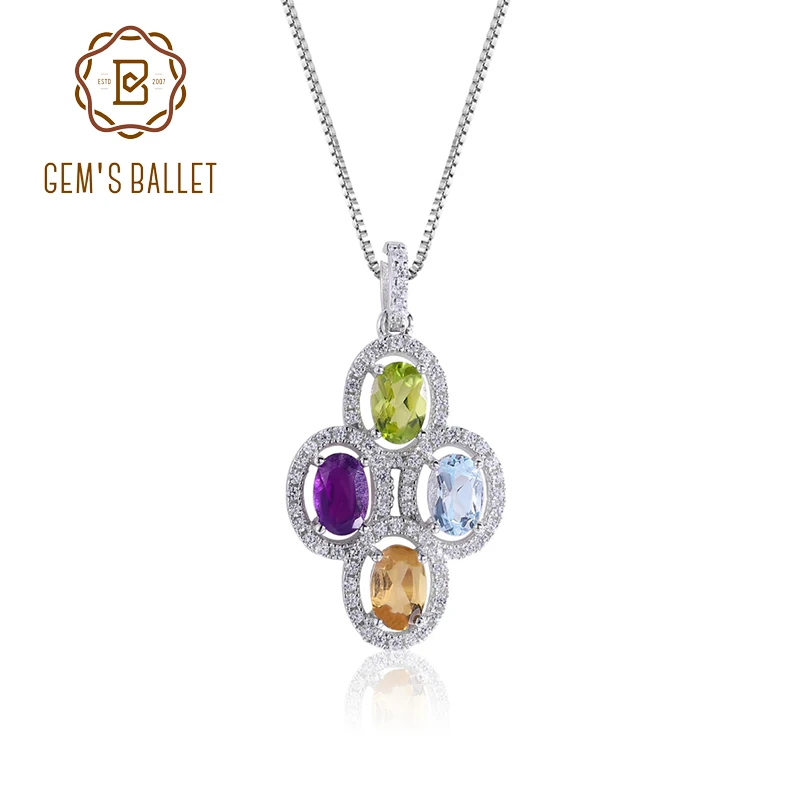 

GEM'S BALLET Clover Flower Necklace Natural Amethyst Peridot Topaz Citrine Pendant Necklace in 925 Sterling Silver Gift For Her