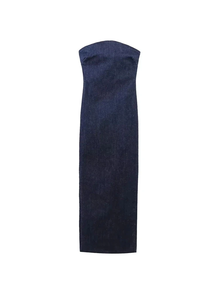 Nlzgmsj TRAF-Robe fendue dos nu sans bretelles pour femmes, robe de soirée sexy, robe longue en denim bleu, robes de soirée pour femmes, fermeture éclair, été