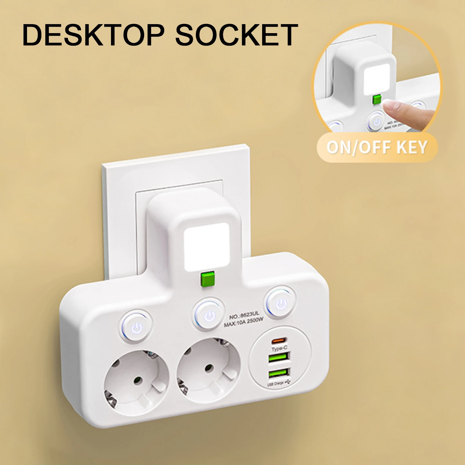 Wall Outlet Extender with 3 USB Ports Power Plug Adapter Outlet Splitter with Night Light Wall Charger for Home Travel Office