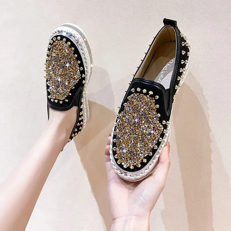 Low Loafers Whit With Crystals Rhinestone Ladies Shoes Lace Up Diamond Women Footwear High On Platform Urban High Quality Price