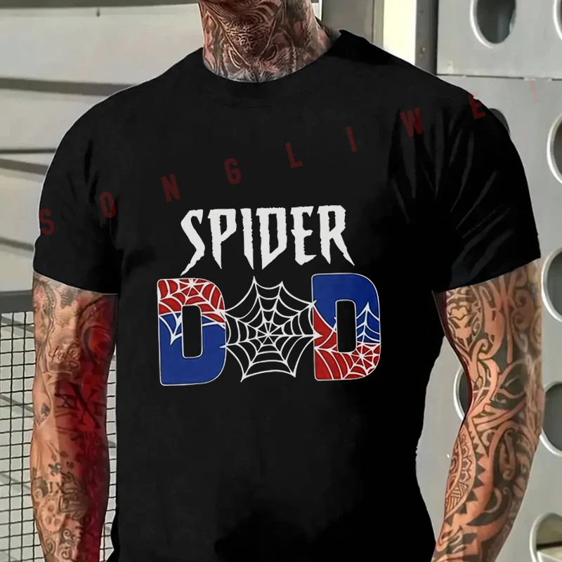 Creative Spider Web Spider Dad Print Motorcycle T-Shirt Men's Summer Casual Fashion Short Sleeve Tshirt Tops Tee