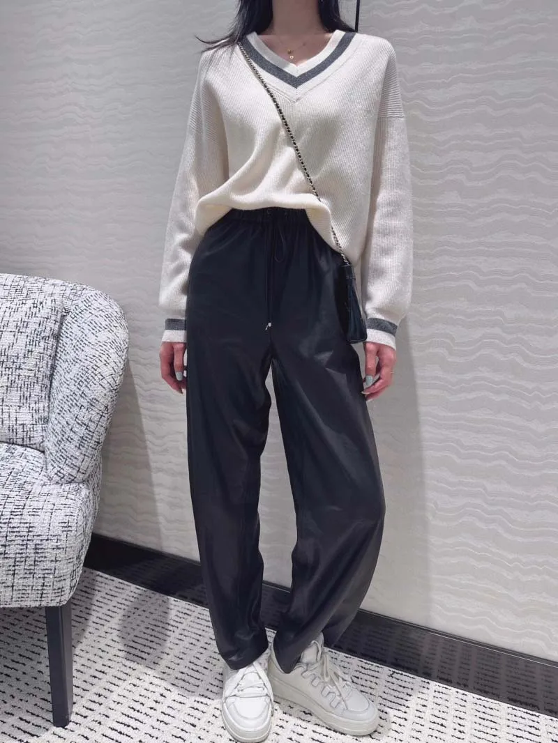 High street women's leather pants are fashionable and trendy, with drawstring and elastic waistband, sheepskin and radish pants