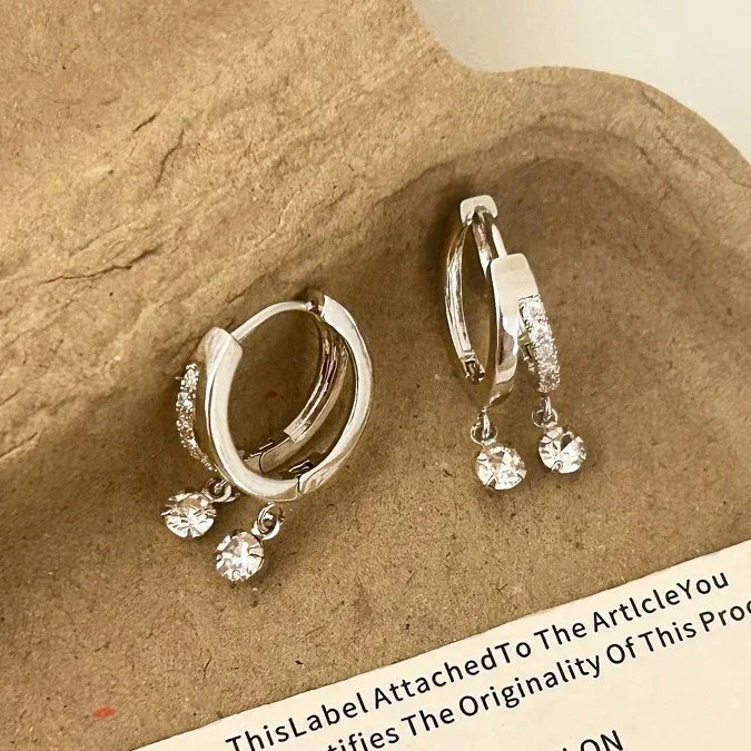 

Real 925 Sterling Silver Zircon Double Layered Round Hoop Earrings for Women Classic Fine Jewelry Minimalist Accessories