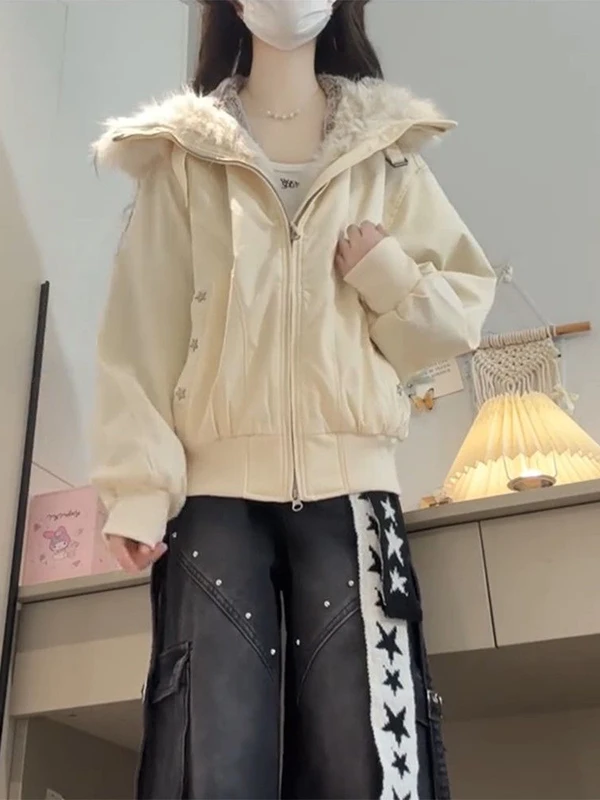 Retro Soft Tawny Fur Hooded Cotton Jacket Women's Student High Thickness Loose Versatile Cotton Coat Outerwear Winter Warm