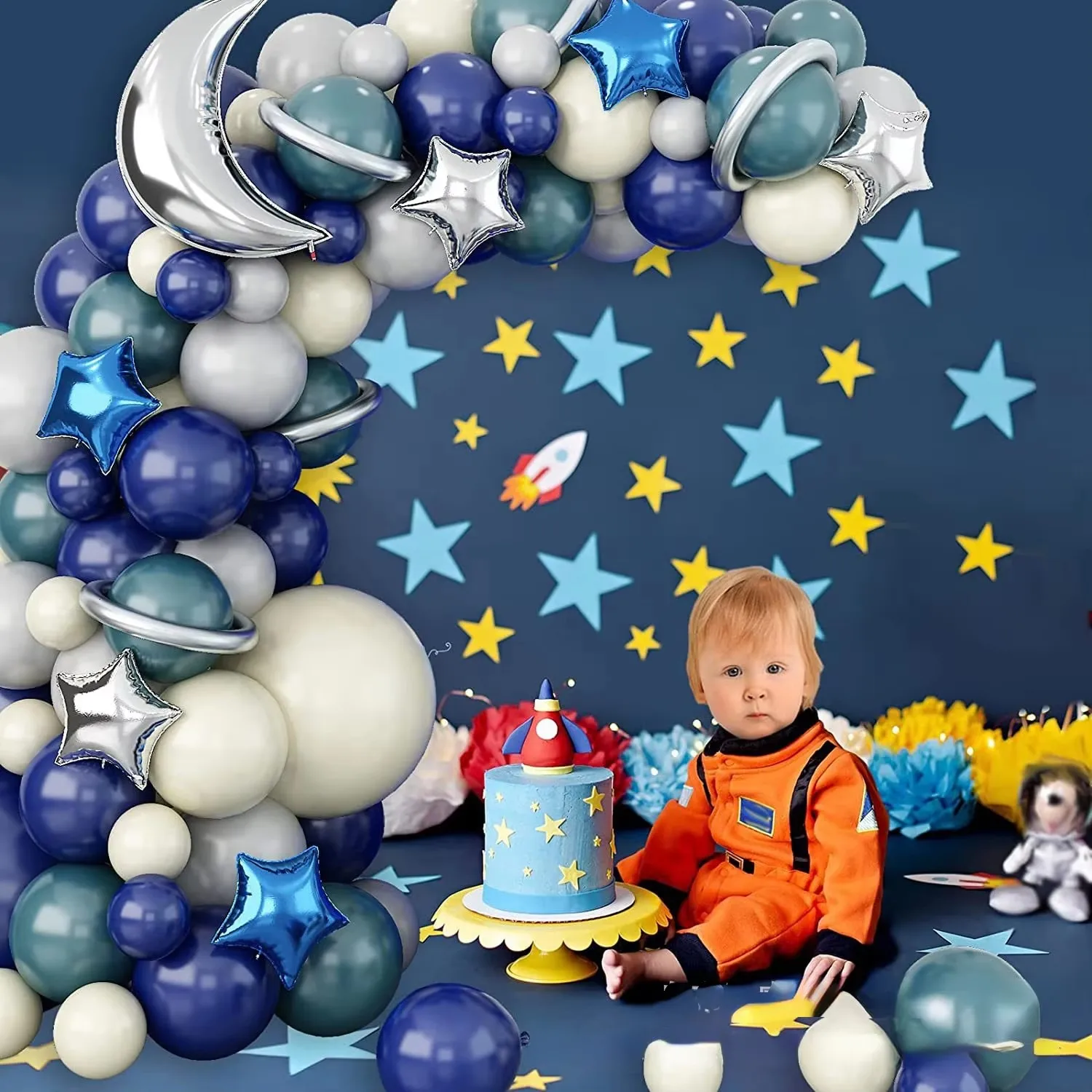 124Pcs Cartoon Astronaut Series Space Astronaut Children\'s Birthday Party Living Room Balloon Decoration Baby