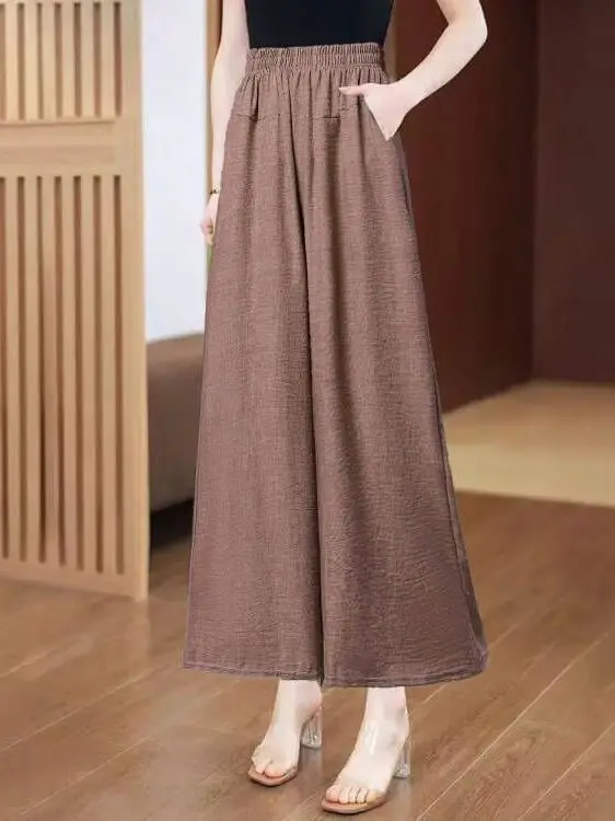 Primavera outono solto calças de perna larga feminina drapeado versão fina calças casuais cintura alta elástica poliéster calças casuais