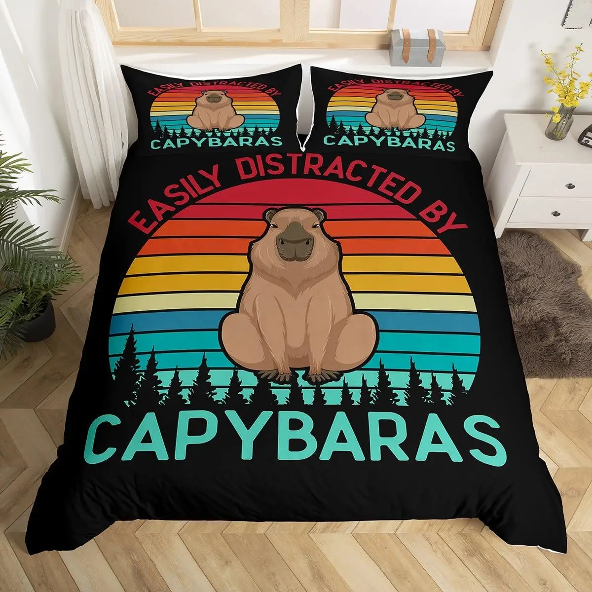 Funny Rainbow Capybara Duvet Cover Set Single Size Black Bedding Set With 1 Pillowcase For Kids Boys Teens Lovers