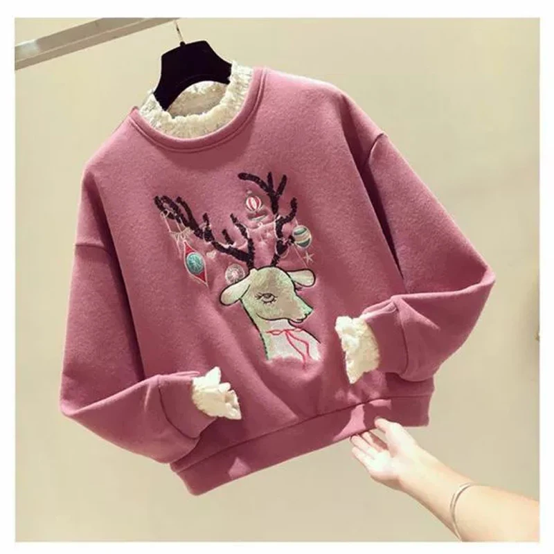 Sweatshirt Reindeer Embroidery Women Long Sleeve Fleece Inside Jumper Collar and Cuffs With Lace Interesting Christmas Sweaters