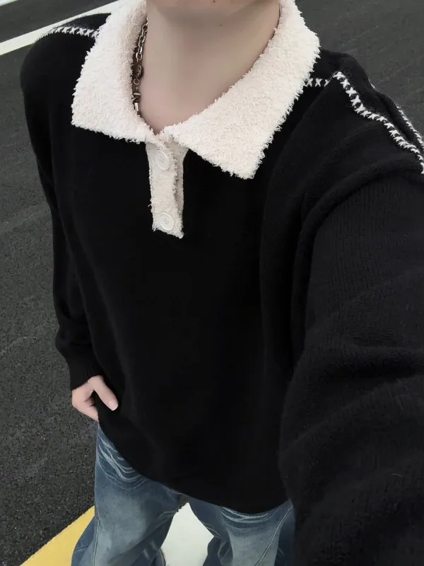 

American Sle Color Blo Collar Men's Sweater Winter Heavy Casual Inner Wear irt Trendy Loose Top Button Door