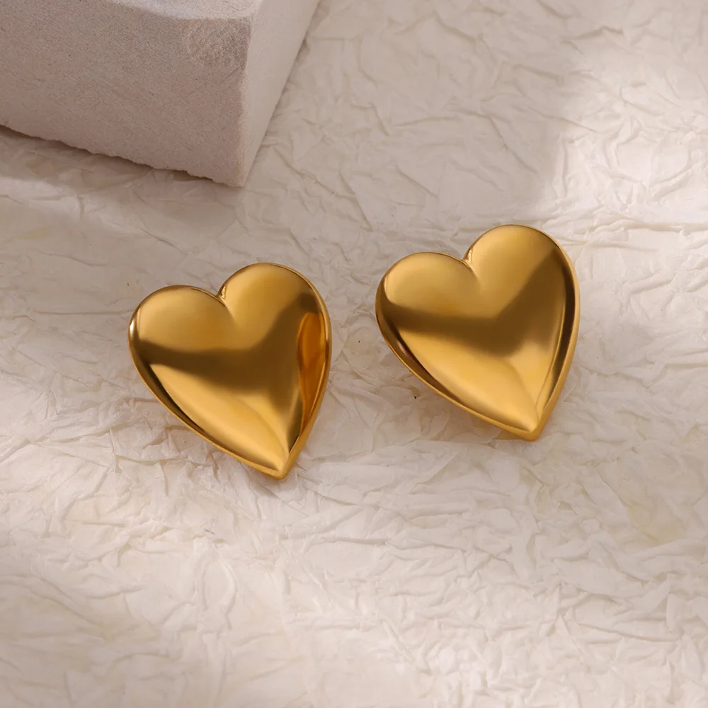 Stainless Steel Chunky Heart Stud Earring for Women Gold Color Cute Heart Wedding Aesthetic Earring Jewelry Accessories Gift BFF
