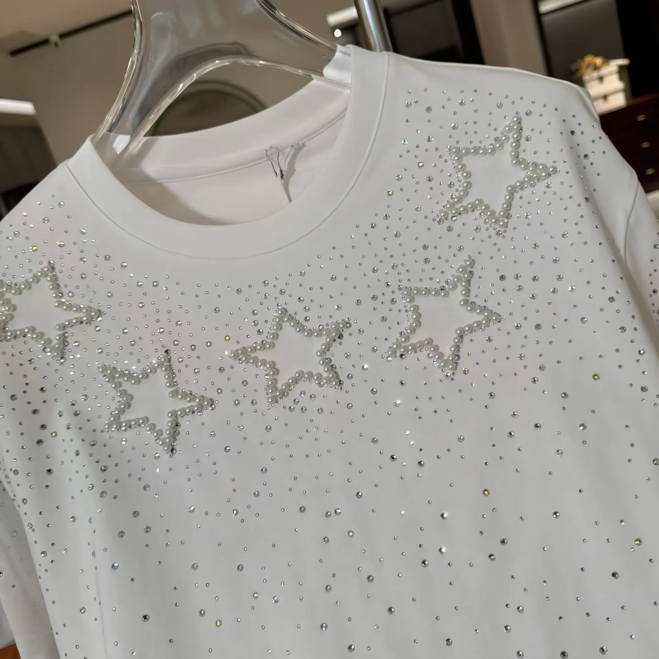 Summer New Men's Fashion Pearl & Five-Star Hot Fix Rhinestone Casual Loose Black White Red Pink O-Neck Short Sleeve T-Shirt