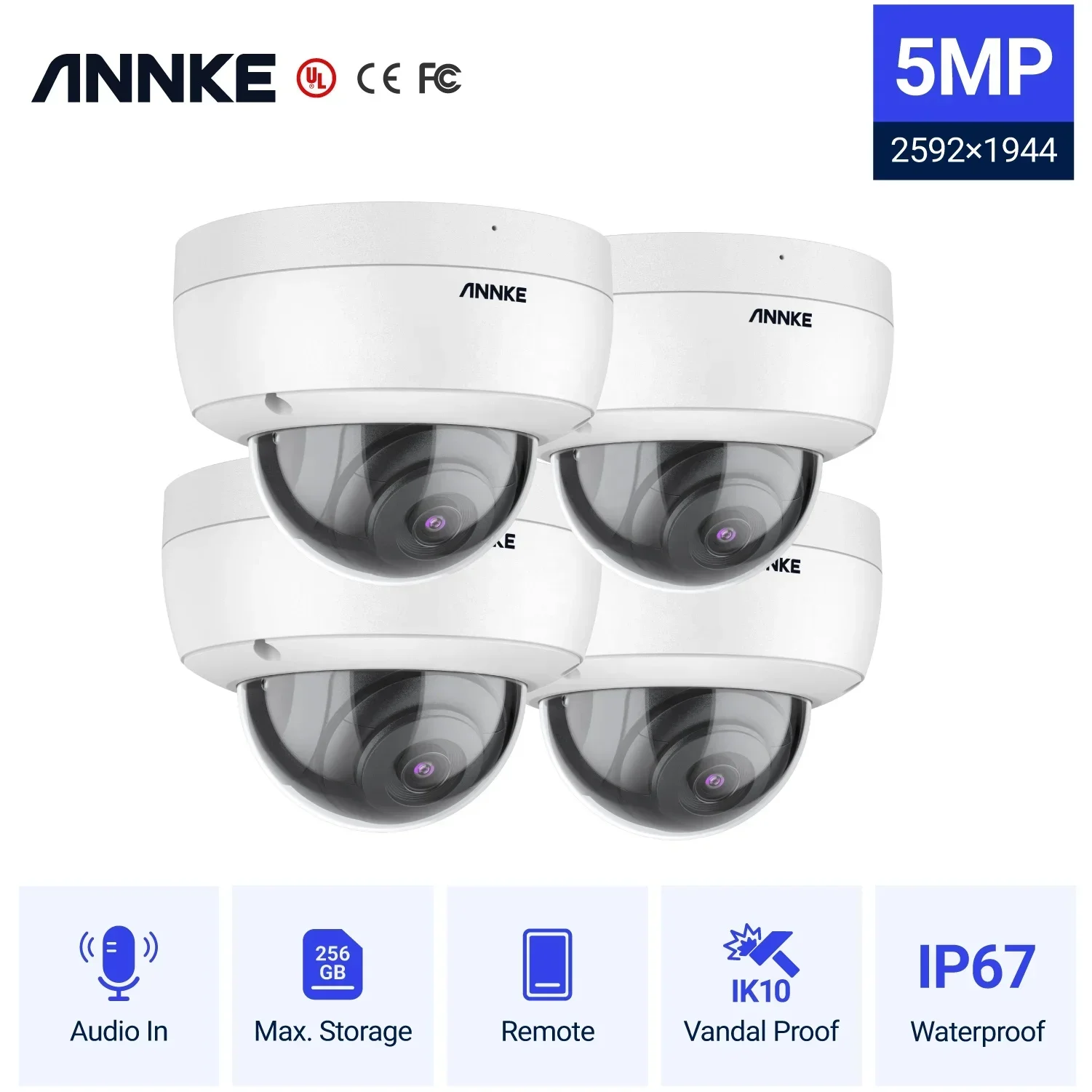 กล้องวงจรปิด ANNKE 4 ตัว ความละเอียด 5MP รองรับ PoE บันทึกเสียงตลอด 24 ชั่วโมง กล้องวงจรปิดภายนอกอาคารมาตรฐาน IP67 ป้องกันสภาพอากาศ สำหรับบ้าน พร้อมระบบเสียง