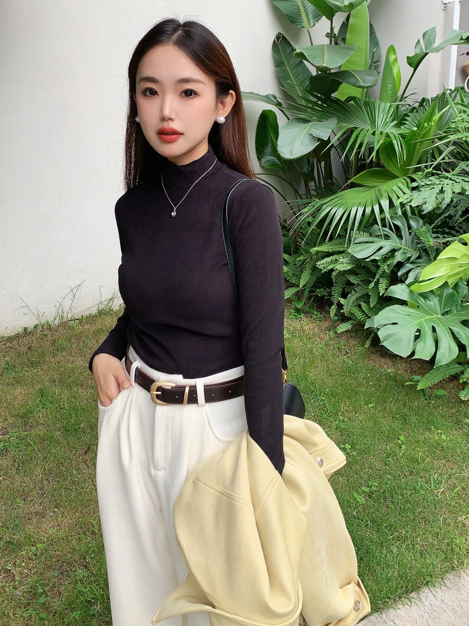 

Облегающий эластичный топ с высоким воротником, немецкий бархатный базовый универсальный удобный вязаный топ для молодых женщин, корейский сле