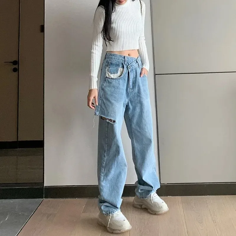 Irregular High Waist Hole Wide Leg Jeans Casual Loose Denim Pants Vintage Korean Fashion Harajuku Straight Pants 2023 Streetwear