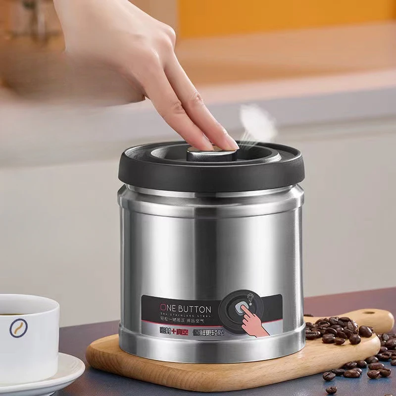 304 Stainless Steel Vacuum Sealed Can Coffee Powder Sealed Box Press Type Vacuum Kitchen Storage Accessories Tea Can Storage Can