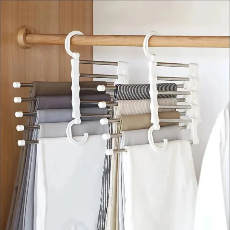 

2PCS Folding Pant Rack Tie Hanger Shelves 5In1 Magic Trouser Rack Hangers Stainless Steel Storage Hangers Bedroom Organizer