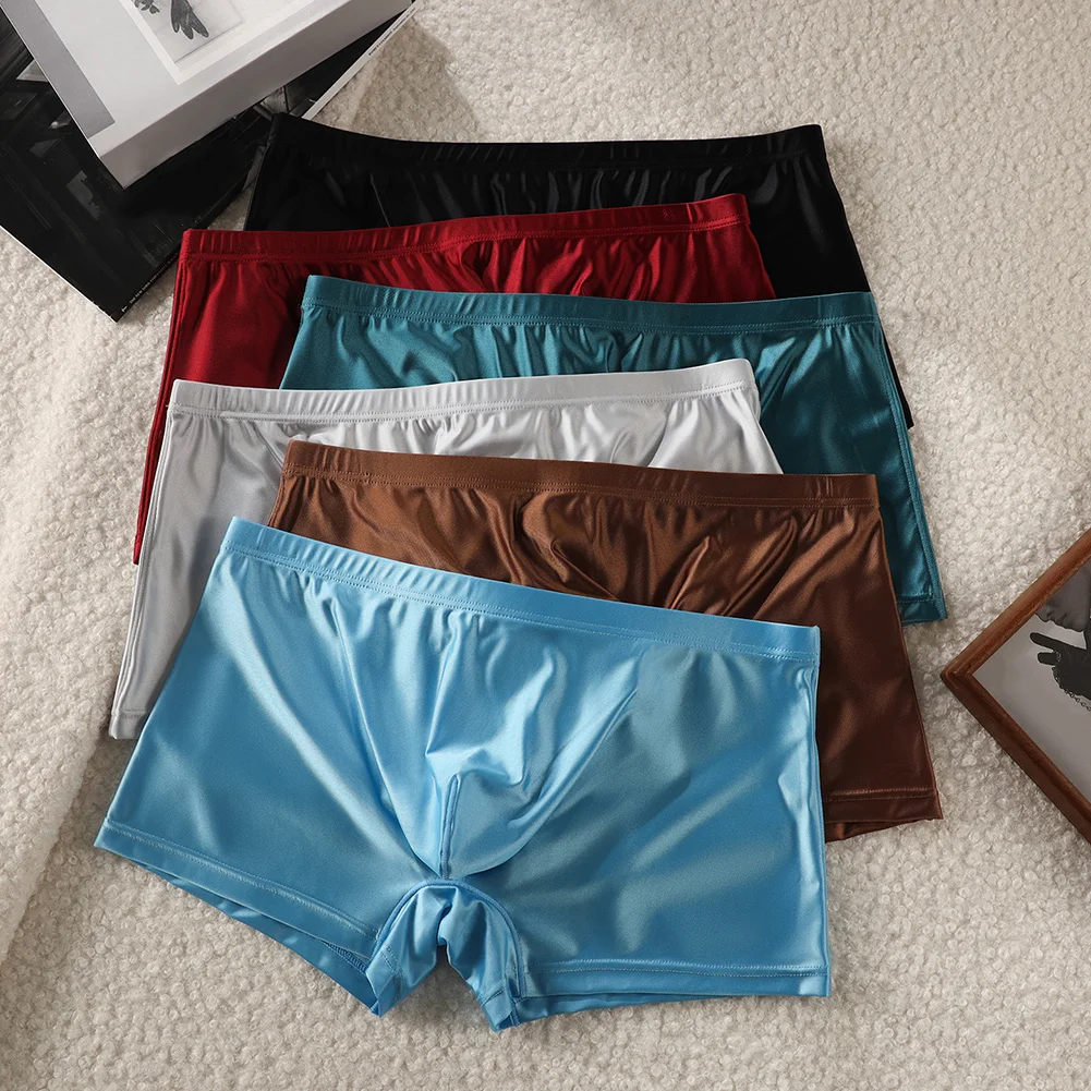

Men's Satin Boxer Briefs Ultra-Soft Smooth Ice Silk Underwear Breathable Seamless Trunks Stretch Low-Rise Solid Brown Shorts For