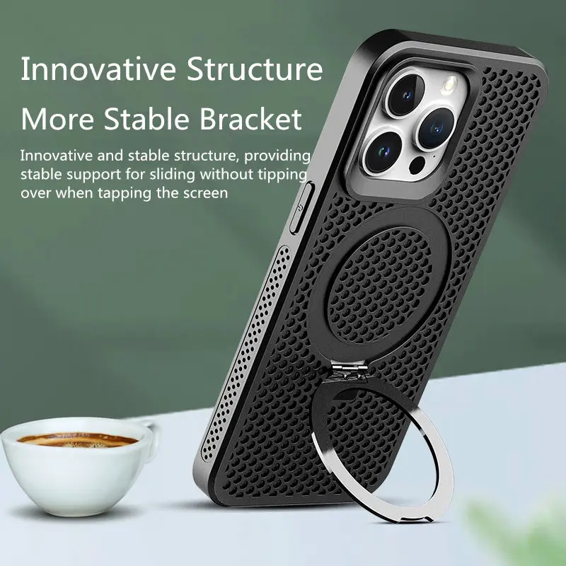 Luxury Skin Feel Magnetic Bracket Cooling Magsafe Case for iPhone 15 Pro Max 11 12 13 Pro 14 Plus Breathable Rugged Phone Cover