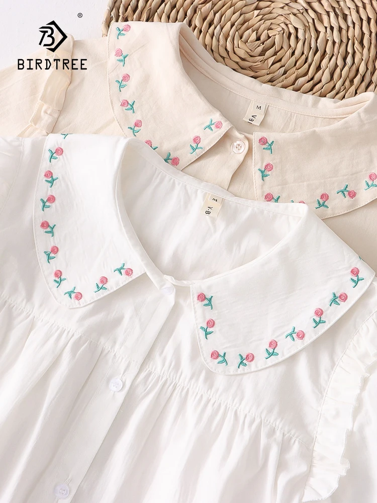 Autumn New Women Cotton White Shirts Floral Embroidered Short Sleeve Peter Pan Collar Loose Blouse Tops New Spring T36314JC