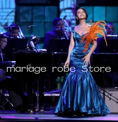 Mermaid Celebrity Evening Occasion Dresses Teal Vlue Stain Veaded Feather Latin Grammys angela aguilar Wedding Party Gown