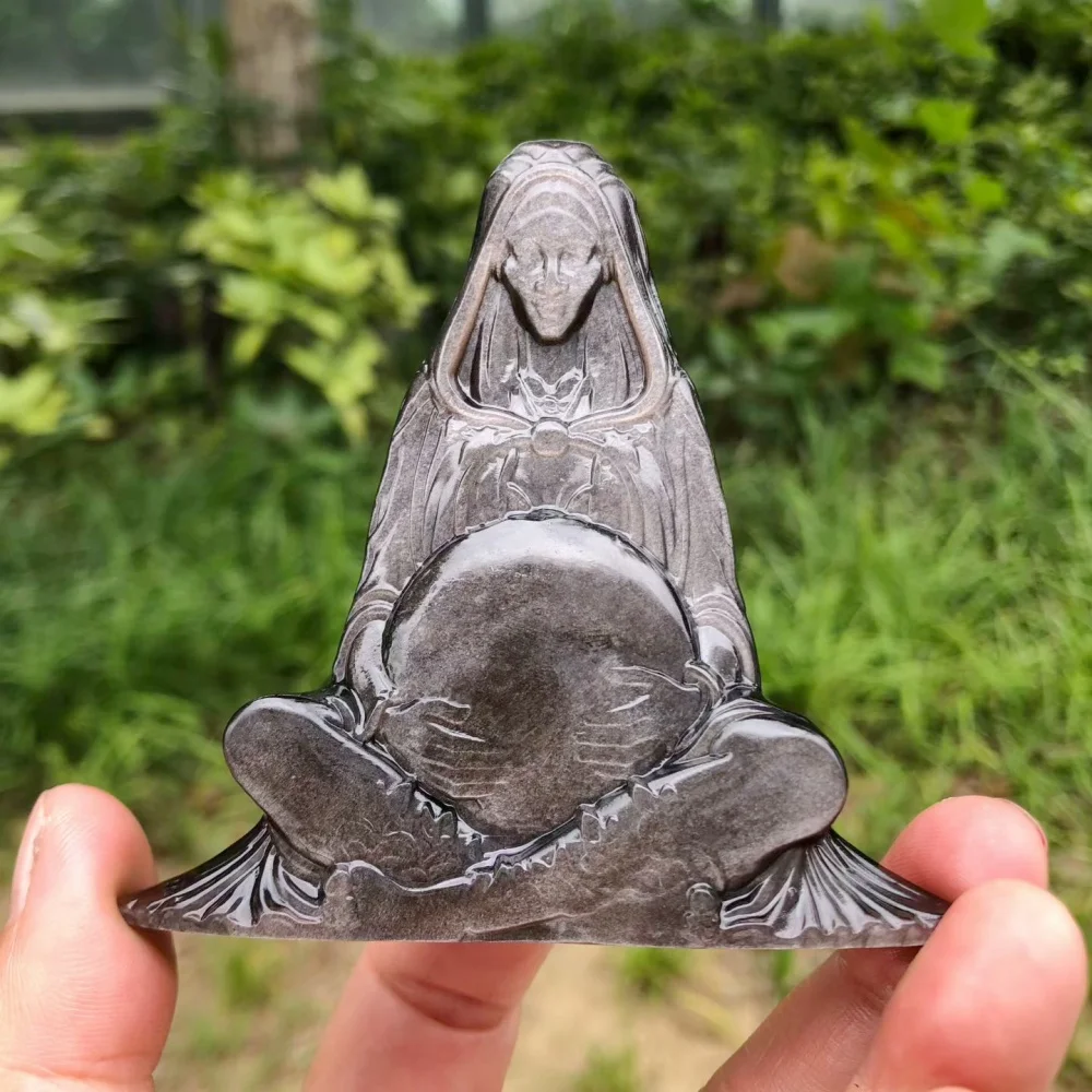 1PCS Natural Silver Obsidian Stone Statue - Mother Earth Gaia Carving Reiki Healing Feng Shui Home Decor Unique Gift