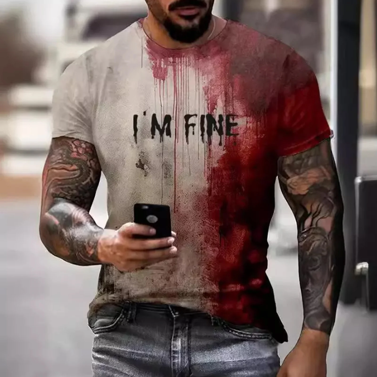 I'm Fine Bloody Printed T-Shirt Summer Comfortable Casual T-Shirt Suitable for Daily Shopping Outfit