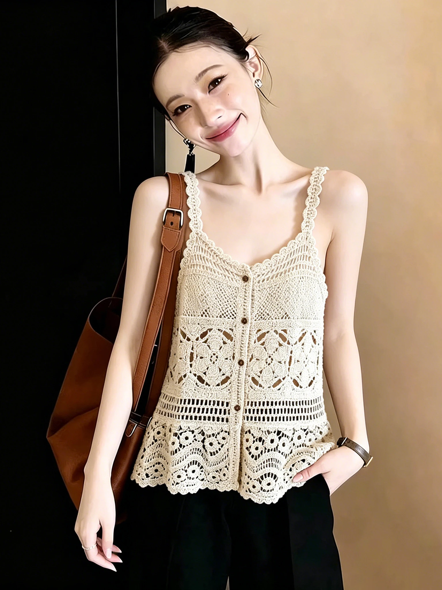 

Bohemian Style Hollow out Hook Flower Layered Vest Women's Summer New Design Age Reduction Versatile Tank Top Inner Wear