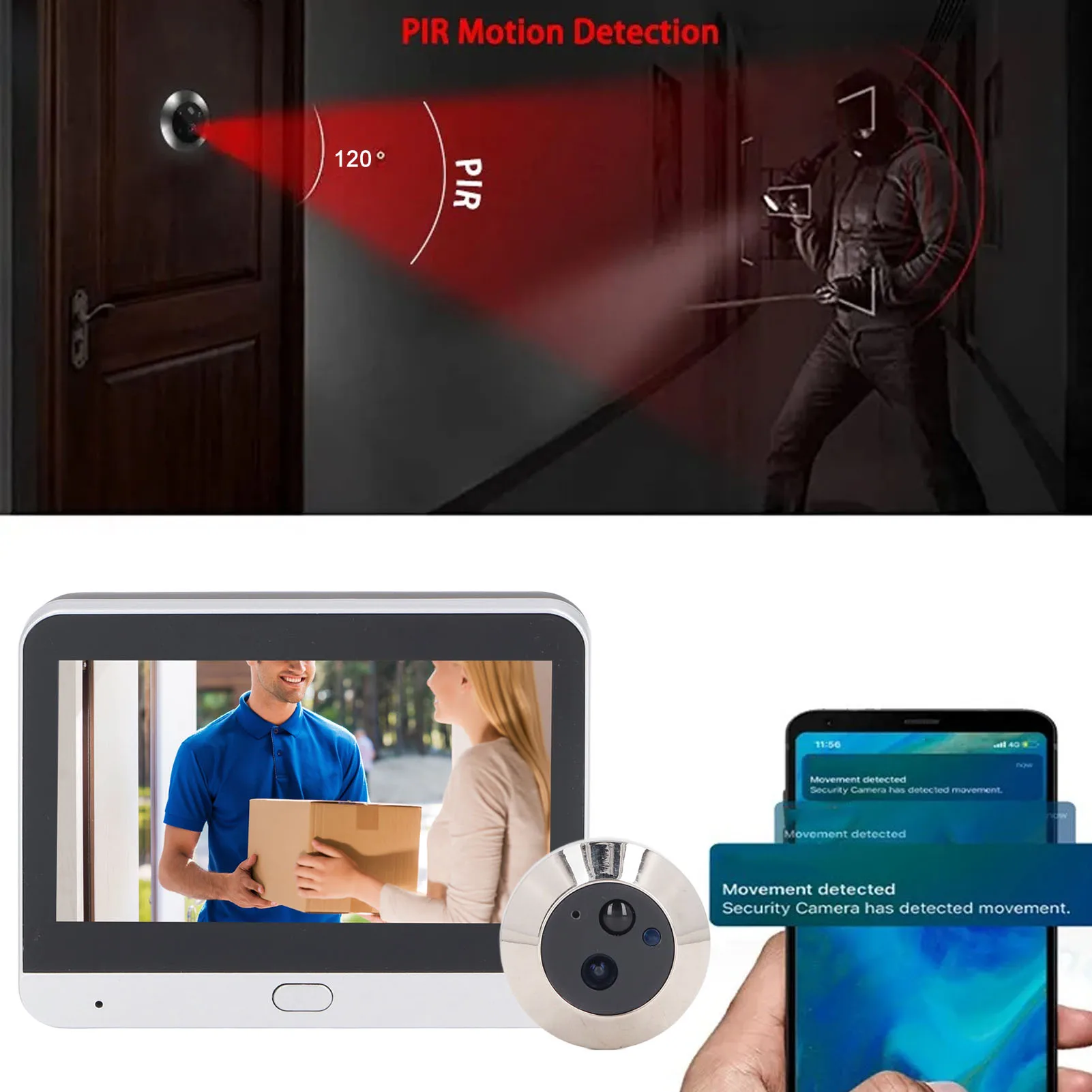 Doorbell HD Video Doorbell Rechargeable 1080P WiFi PIR Motion Detection 4.3in Color Screen Wireless 2 Way Intercom for Homes