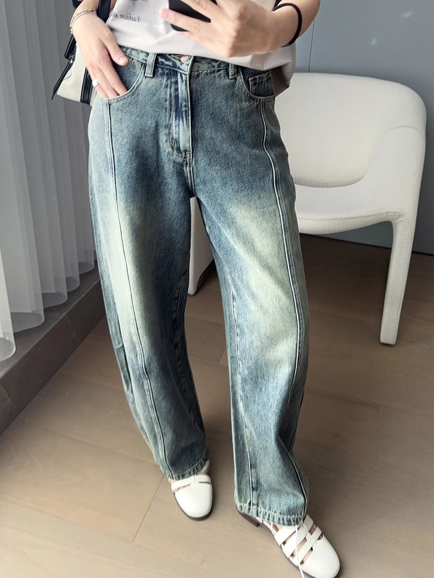 

Джинсы MeiYang с высокой талией, повседневные, из хлопкового твила, с эффектом Moon Arc, синие, для женщин