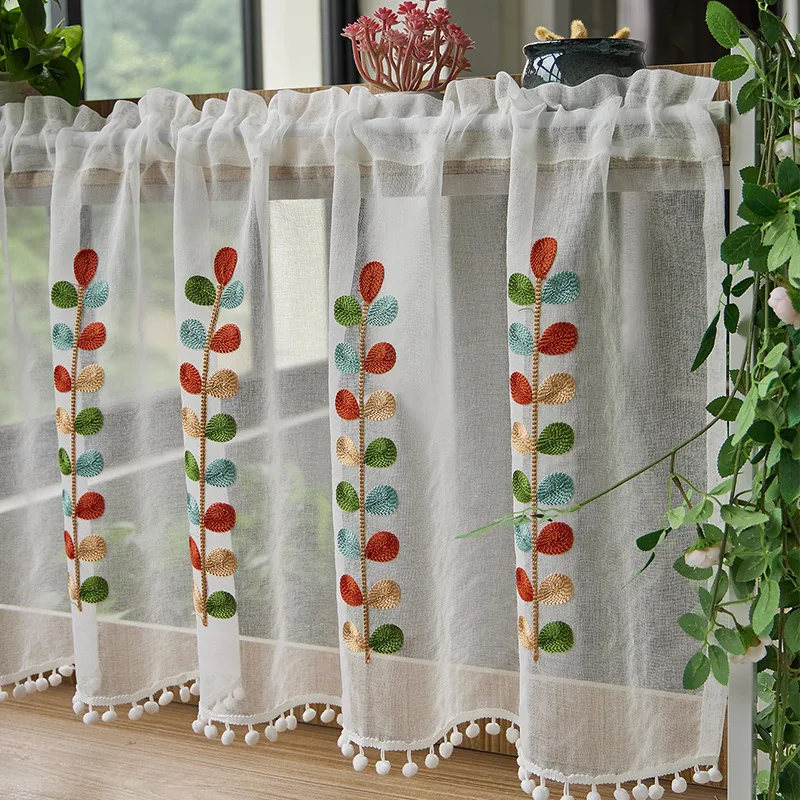 Four color branch Embroidered Semi Sheer Curtain Kitchen Tiers Half Window Sheer Curtains Rod Pocket Voile Drapes for Kitchen