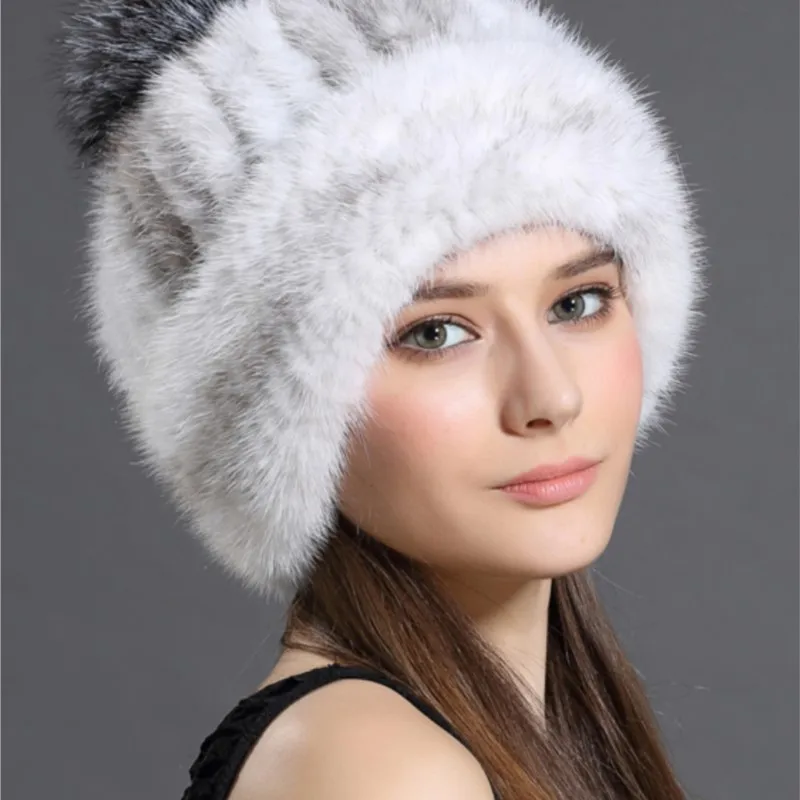 New real fur women's thick warm ear leather woven ball hat