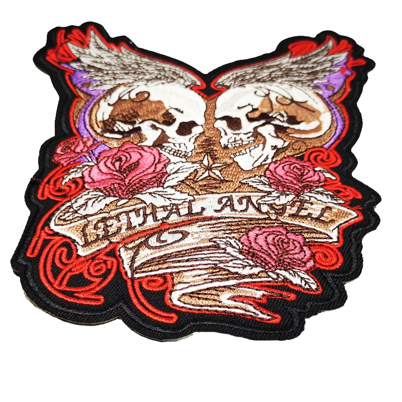 Rose Skull  Lethal Angel  Wing Large Embroidery Patches For Jacket Back Vest  Biker Clothes Garment Accessories Applique Iron On