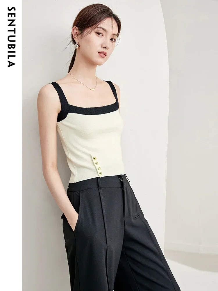 

SENTUBILA полушерстяные укороченные вязаные топы для женщин, весна 2024, элегантные сексуальные пуловеры на бретельках, топ без рукавов с контрастными бретелями N33I51090