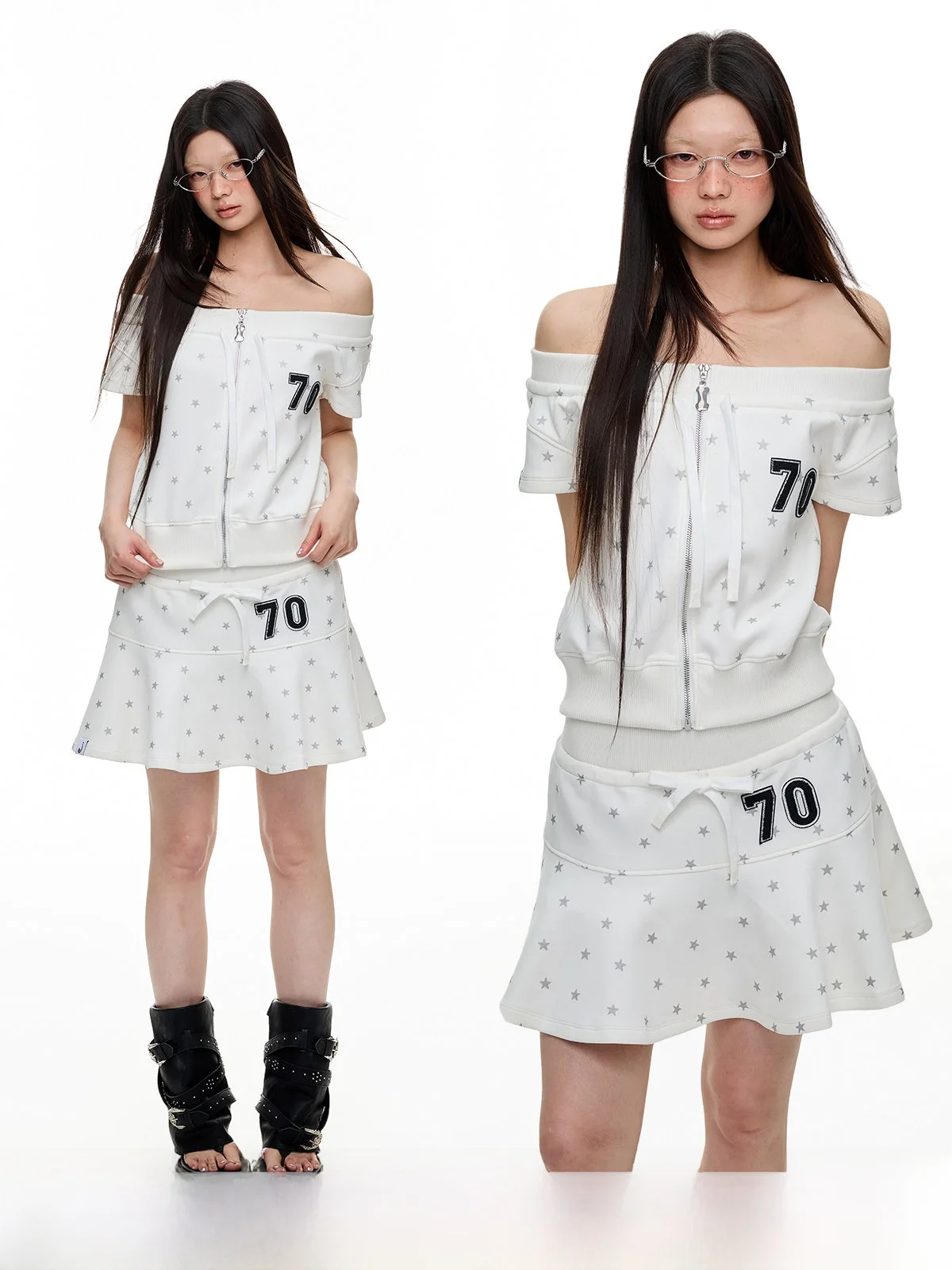 

Комплект JIKOO: кардиган с принтом звезд и вставками из сетчатой ткани, а также юбка в рубчик свободного кроя для уличного стиля...