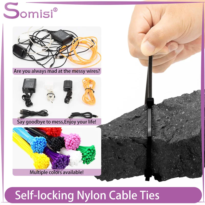 Self-Locking Cable Ties Nylon Wire Zip Durable Organiser Fastening Ring Plastic Flange Binding Straps DIY Colored 100/150/200mm