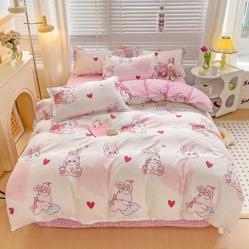 Cartoon Style Bed Sheet Set For Kids Cute Bunny Printed Bedding Set Breathable Durable постельное белье 이불세트 Queen/King Bedding