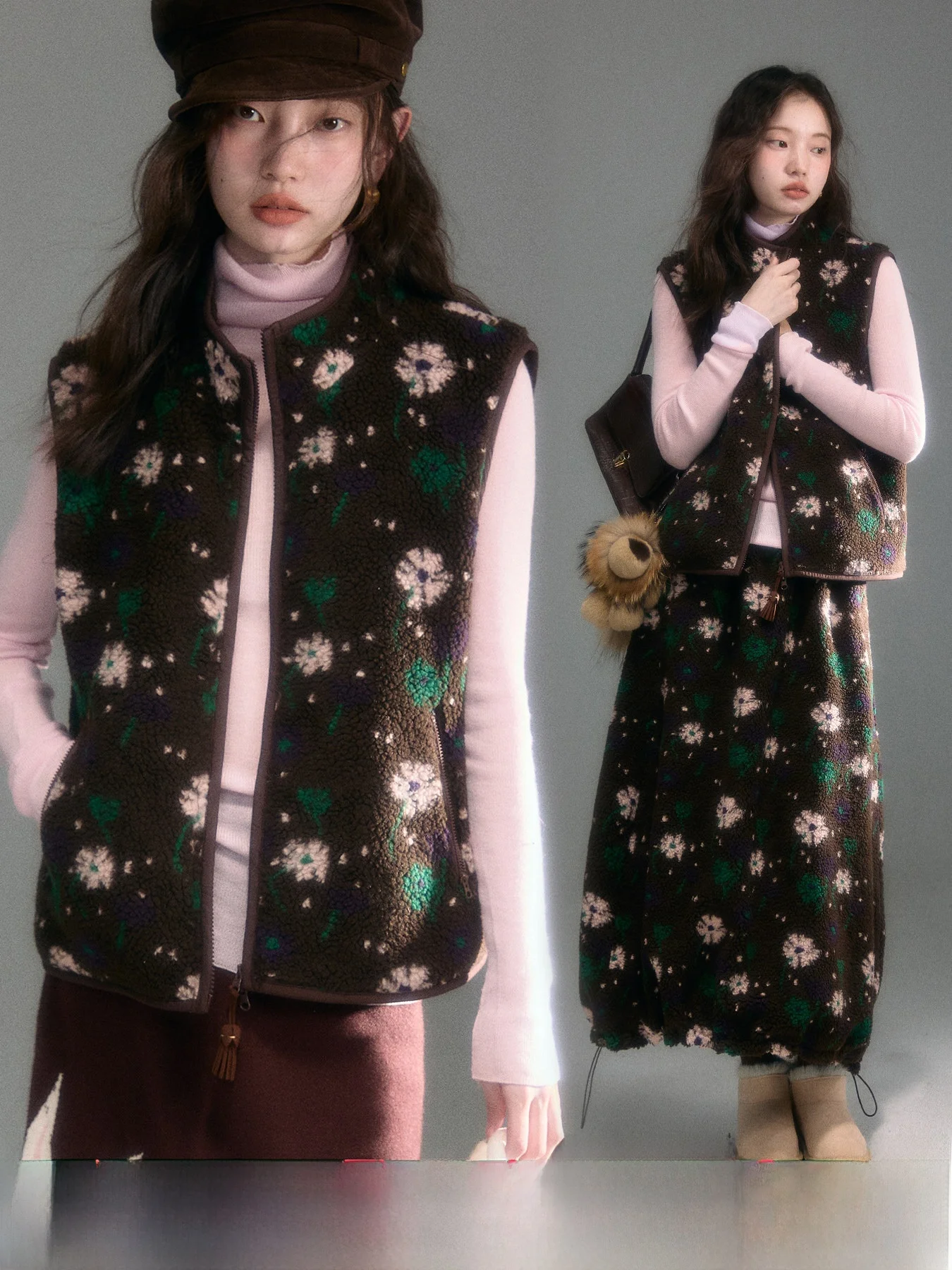 

Uare Original Design Floral Print Skirt Set Lamb Fur Vest Flower Bud f-length Skirt Ensemble Sweet Countryside Sle