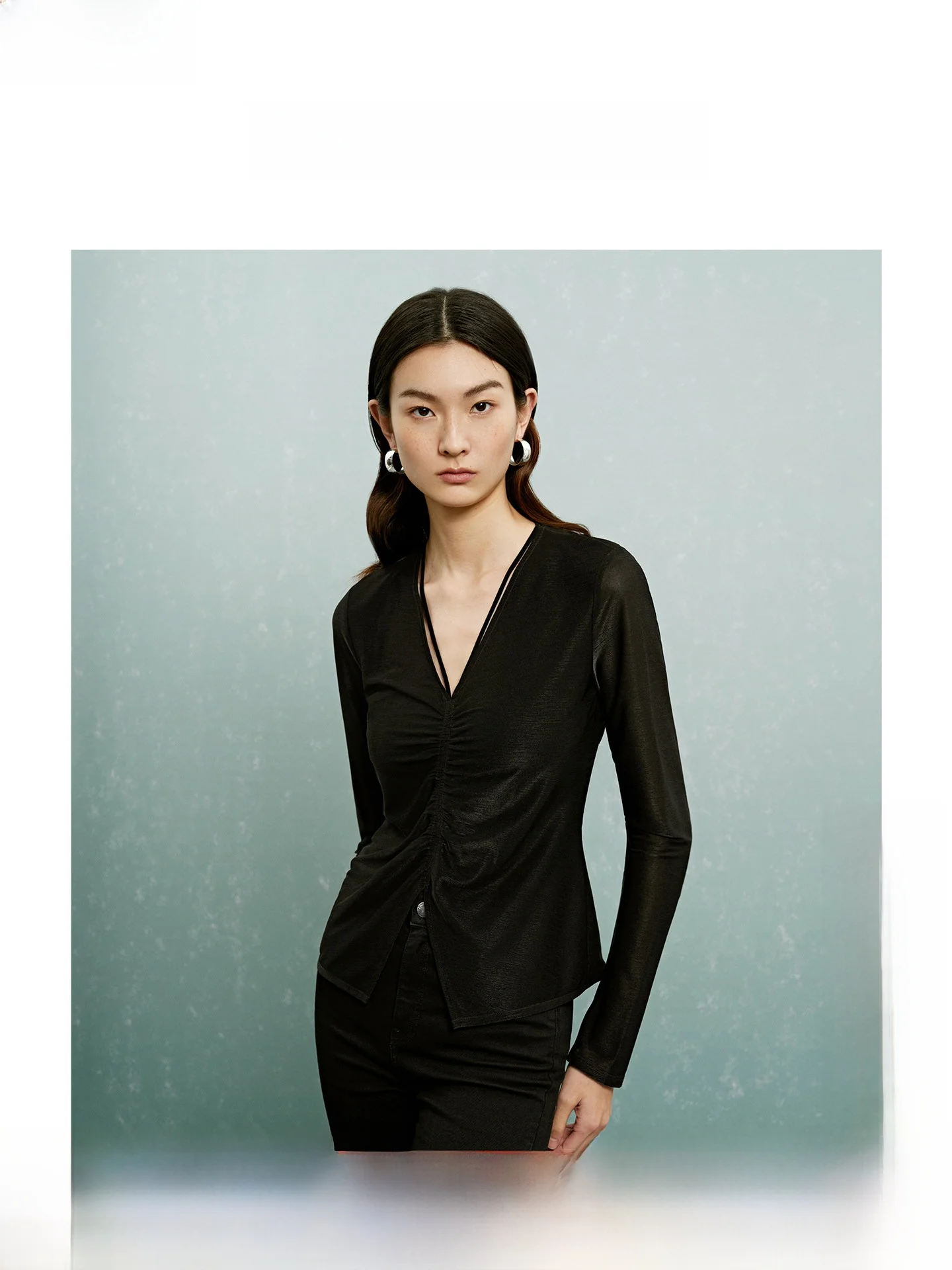 

Женская блузка ZhiZhi с V-образным вырезом, поясом на талии, дизайнерская, осенняя, из полиэстера, с длинными рукавами