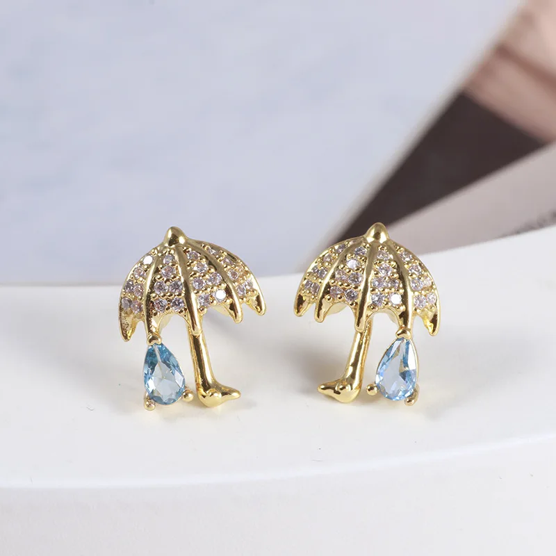 

KS European and American Niche Simple Creative Cute Flash Diamond Small Umbrella Blue Water Drop Fashion Stud Earrings