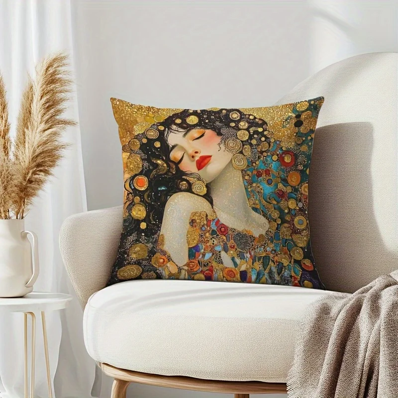 1pc Gustav Klimt Style Golden Goddess Pillow Cover, Polyester 2D Double-Sided Print, Art Nouveau Woman Portrait, Art Lover Home