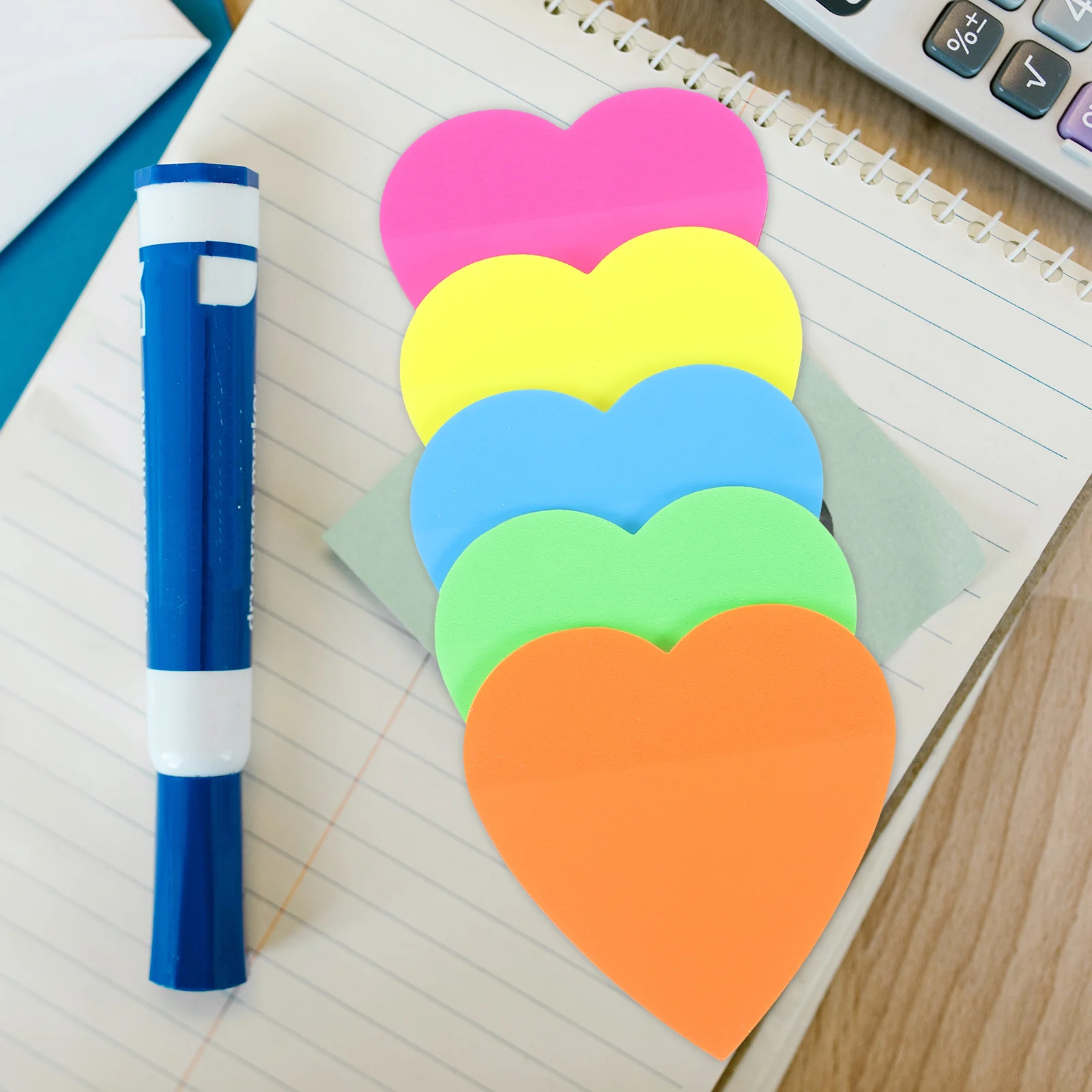 

5 Books Fluorescent Heart Memo Pads Pet Portable Reusable Self-Adhesive Note Stickers for School Office Household Use