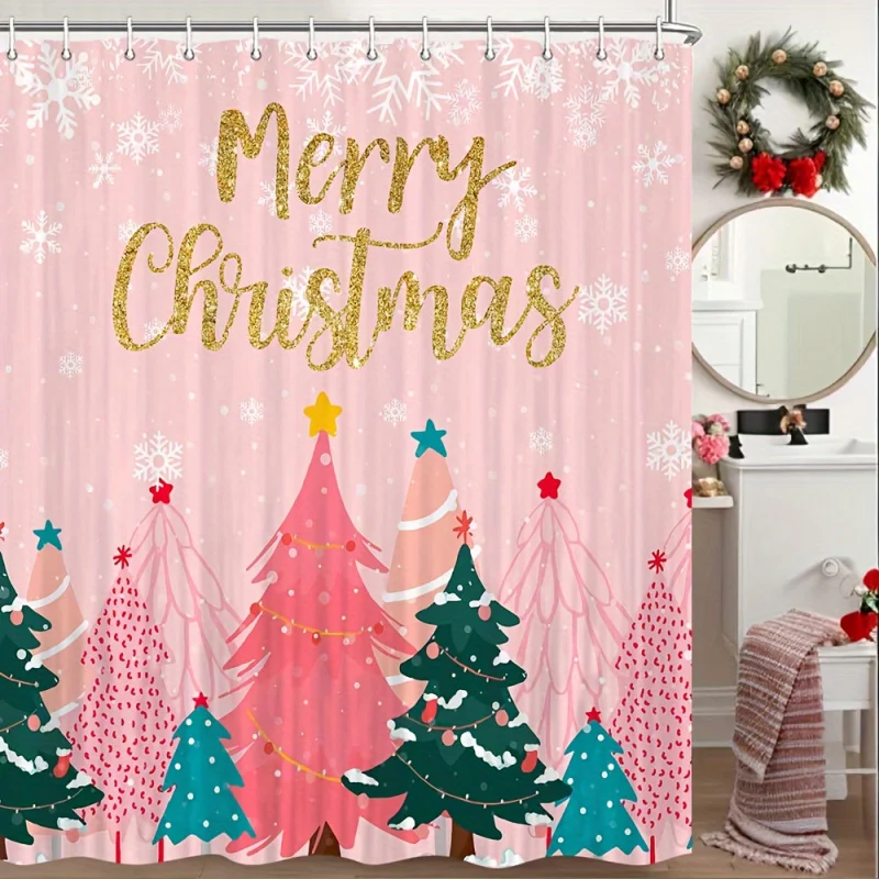 1pc Merry Christmas Snowflake Bath Drape, Pink White Xmas Waterproof Polyester Home Decor with Stain Resistant Weave, Machine Wa