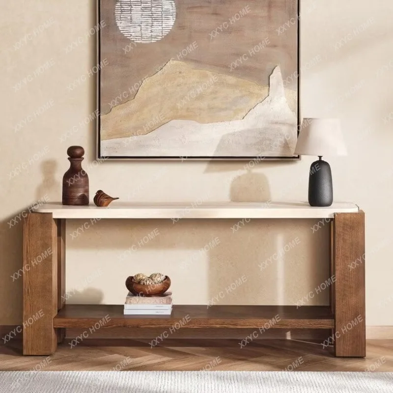 Mid Century Console Table Entryway Table Wabi Sabi Vintage Solid Wood Console Corridor Hallway Side Table Marble Entryway