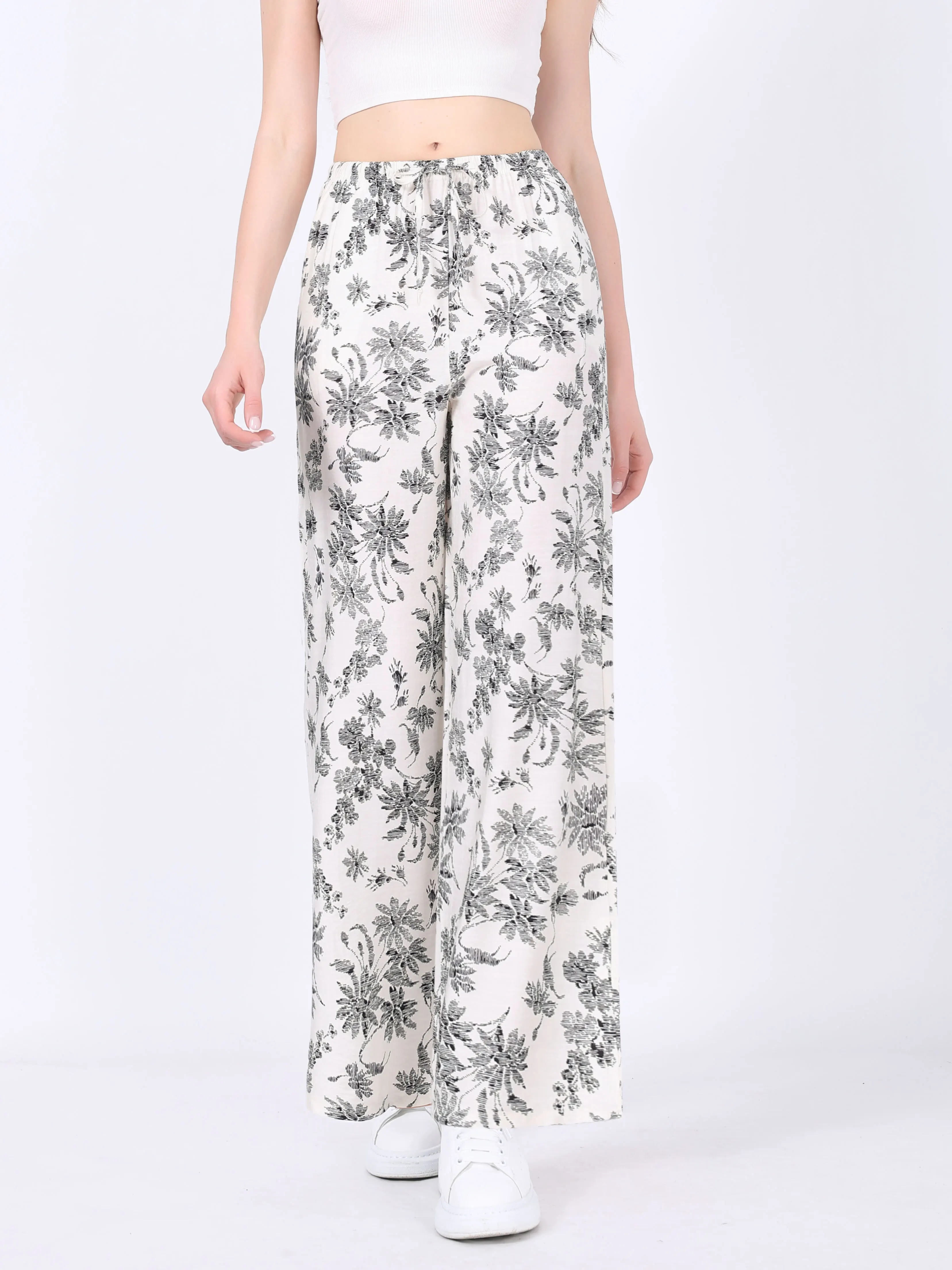 Women Floral Print Wide Leg Pants Elastic Waist Drawstring Lightweight Loose Casual Trousers Holiday Beach Long Pants