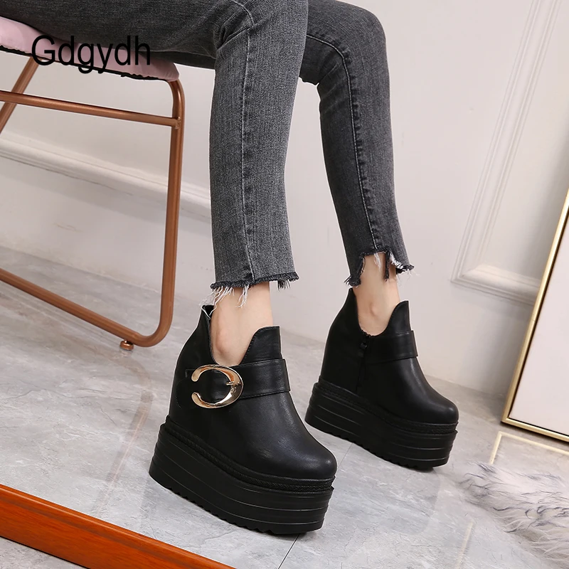 

Gdgydh Fashion Buckle Wedge Ankle Boots for Women Flat Platform Heels Height Increase Metal Decor Short Boots with Zipper