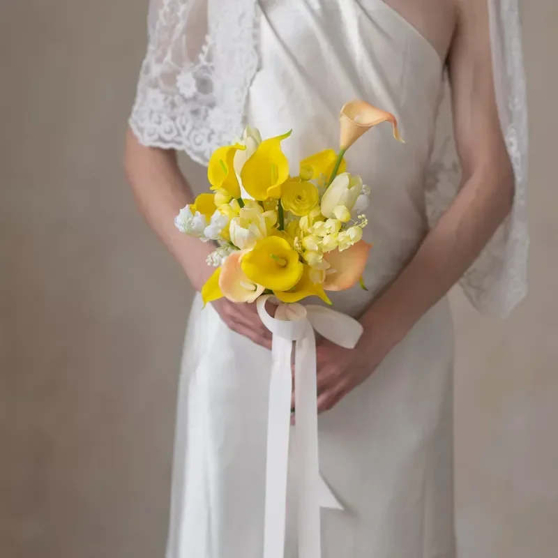 Yellow Arum Bouquet Simulated Flower Photography Props for Marriage Certificate Graduation Shooting Decor