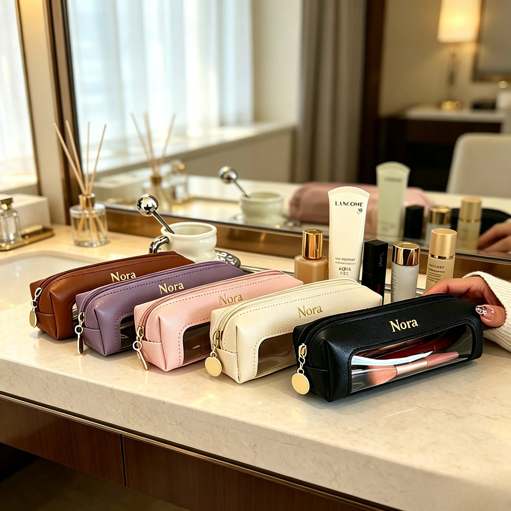Customized Letter PU Leather Pen Case, PVC Storage Bag, Portable Transparent Large-Capacity Stationery Bag Gift Souvenir