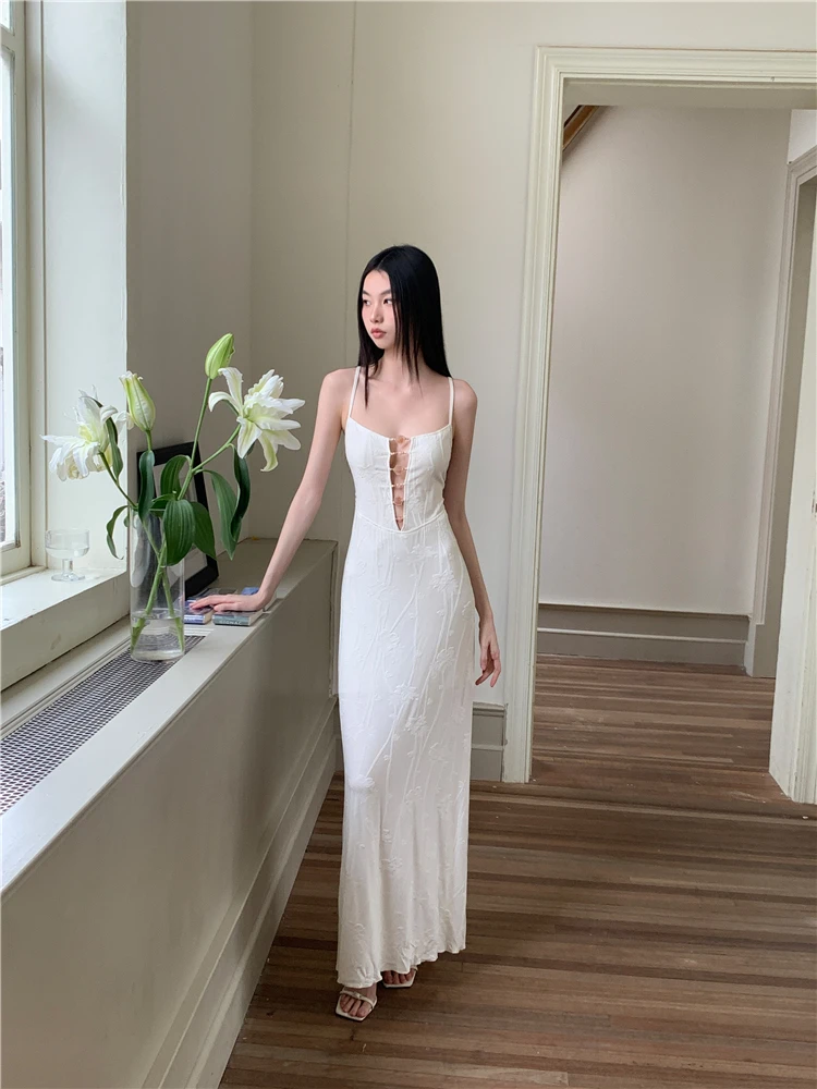 CHEERART Designer Backless Floral White Long Slip Dress Cut Out Tunics A Line Evening Luxury Dresses Women 2024 Summer Clothes